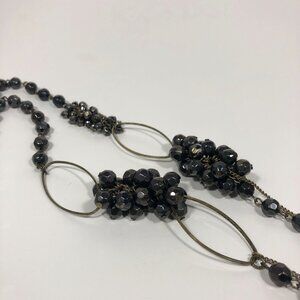 Black Faceted Bead Cluster Statement Necklace Long Antique Gold Tone 38 inch